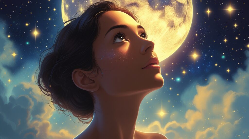 Frau blickt in den Sternenhimmel und stellt sich Fragen über Sinn und Metaphysik